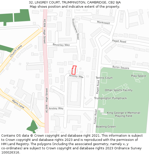 32, LINGREY COURT, TRUMPINGTON, CAMBRIDGE, CB2 9JA: Location map and indicative extent of plot