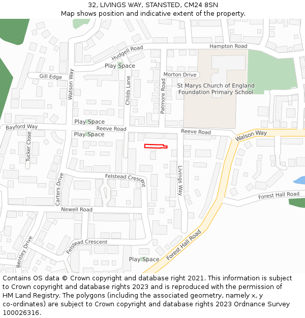 32, LIVINGS WAY, STANSTED, CM24 8SN: Location map and indicative extent of plot