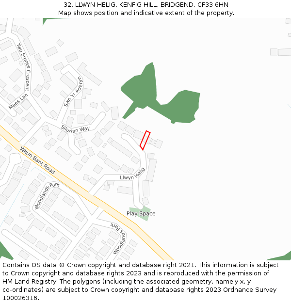 32, LLWYN HELIG, KENFIG HILL, BRIDGEND, CF33 6HN: Location map and indicative extent of plot