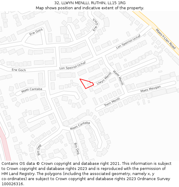 32, LLWYN MENLLI, RUTHIN, LL15 1RG: Location map and indicative extent of plot