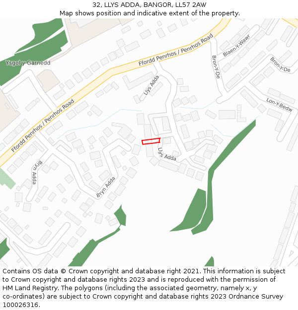 32, LLYS ADDA, BANGOR, LL57 2AW: Location map and indicative extent of plot