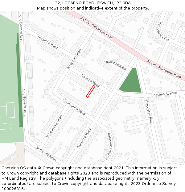 32, LOCARNO ROAD, IPSWICH, IP3 9BA: Location map and indicative extent of plot