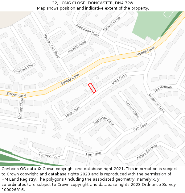 32, LONG CLOSE, DONCASTER, DN4 7PW: Location map and indicative extent of plot