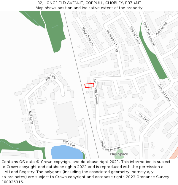 32, LONGFIELD AVENUE, COPPULL, CHORLEY, PR7 4NT: Location map and indicative extent of plot