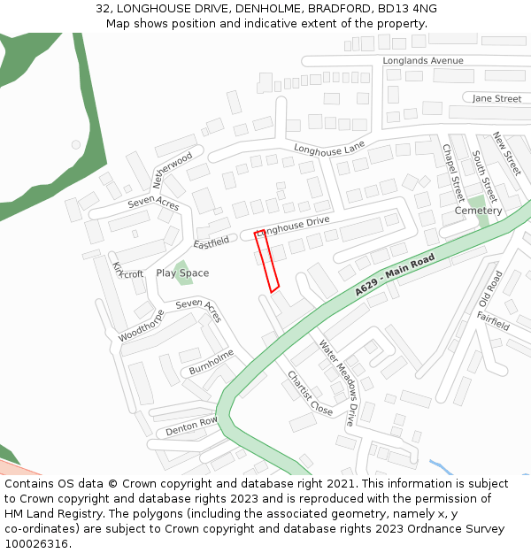 32, LONGHOUSE DRIVE, DENHOLME, BRADFORD, BD13 4NG: Location map and indicative extent of plot