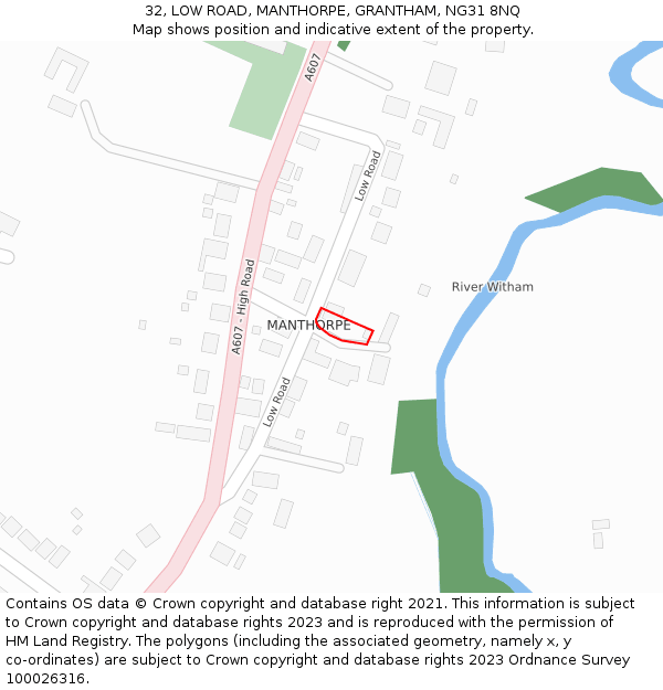 32, LOW ROAD, MANTHORPE, GRANTHAM, NG31 8NQ: Location map and indicative extent of plot