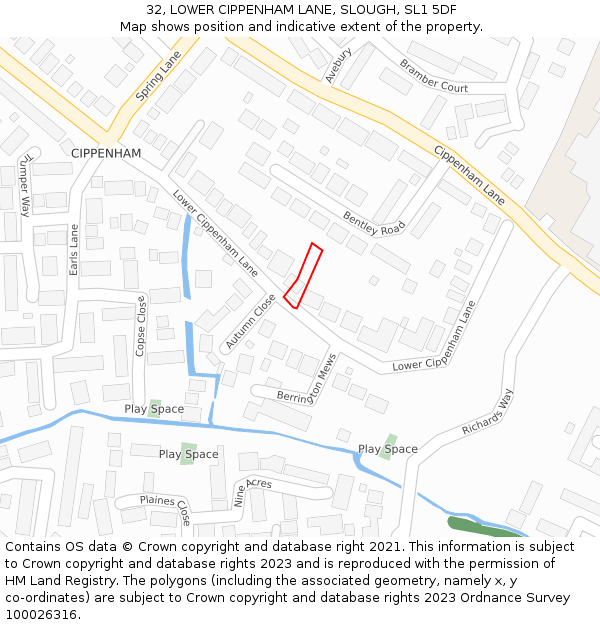 32, LOWER CIPPENHAM LANE, SLOUGH, SL1 5DF: Location map and indicative extent of plot