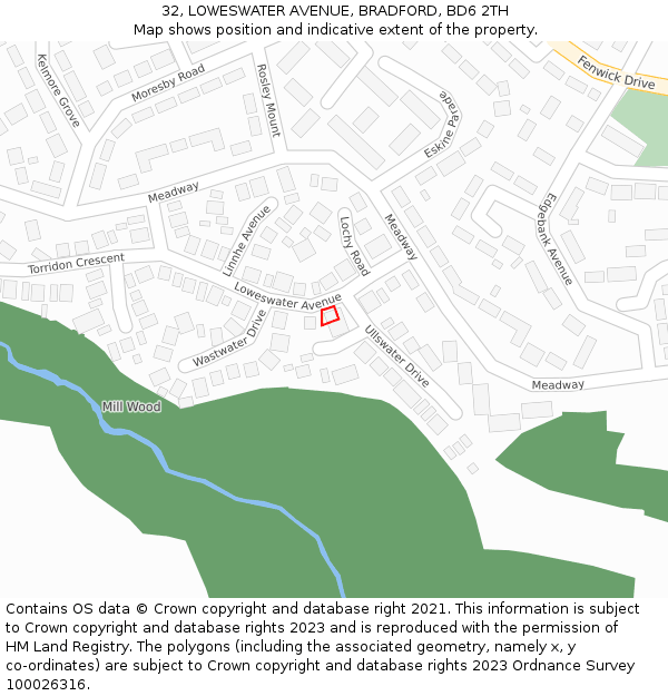 32, LOWESWATER AVENUE, BRADFORD, BD6 2TH: Location map and indicative extent of plot