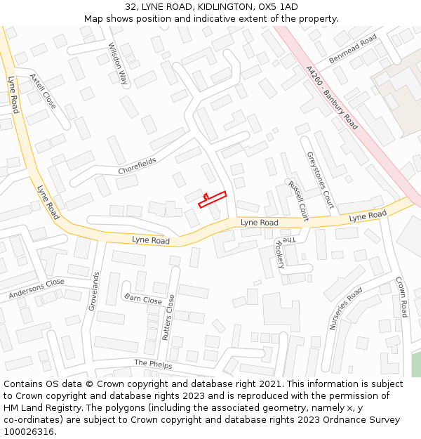 32, LYNE ROAD, KIDLINGTON, OX5 1AD: Location map and indicative extent of plot