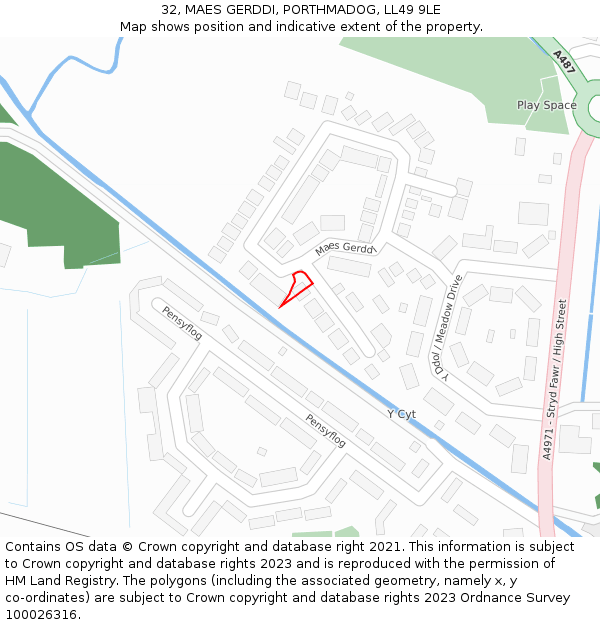 32, MAES GERDDI, PORTHMADOG, LL49 9LE: Location map and indicative extent of plot