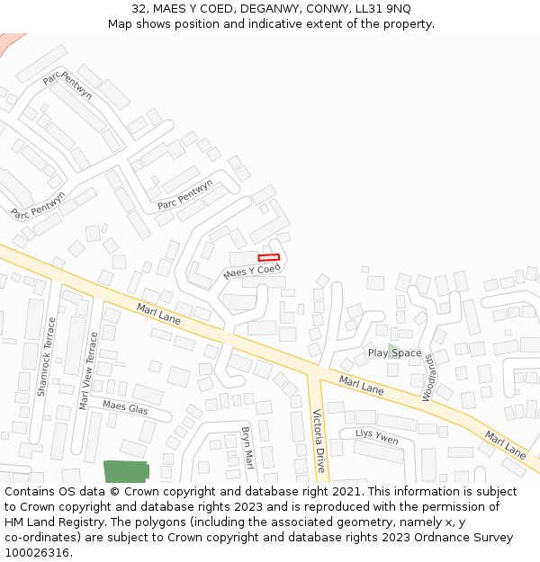 32, MAES Y COED, DEGANWY, CONWY, LL31 9NQ: Location map and indicative extent of plot