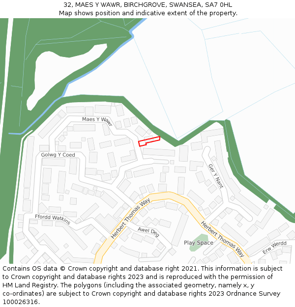 32, MAES Y WAWR, BIRCHGROVE, SWANSEA, SA7 0HL: Location map and indicative extent of plot