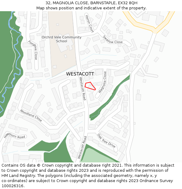 32, MAGNOLIA CLOSE, BARNSTAPLE, EX32 8QH: Location map and indicative extent of plot