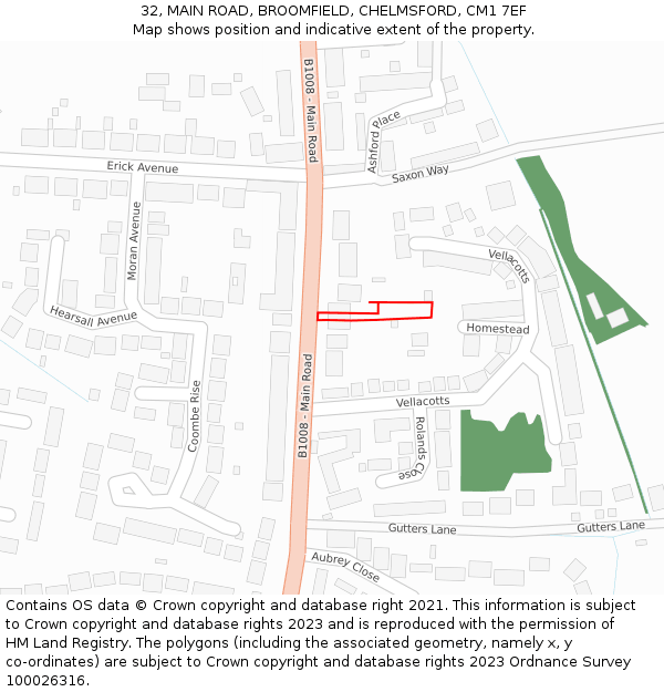 32, MAIN ROAD, BROOMFIELD, CHELMSFORD, CM1 7EF: Location map and indicative extent of plot