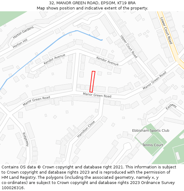 32, MANOR GREEN ROAD, EPSOM, KT19 8RA: Location map and indicative extent of plot