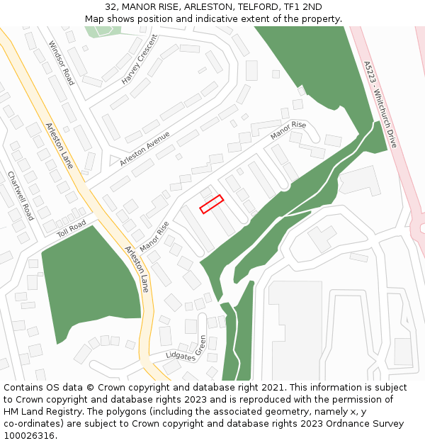 32, MANOR RISE, ARLESTON, TELFORD, TF1 2ND: Location map and indicative extent of plot