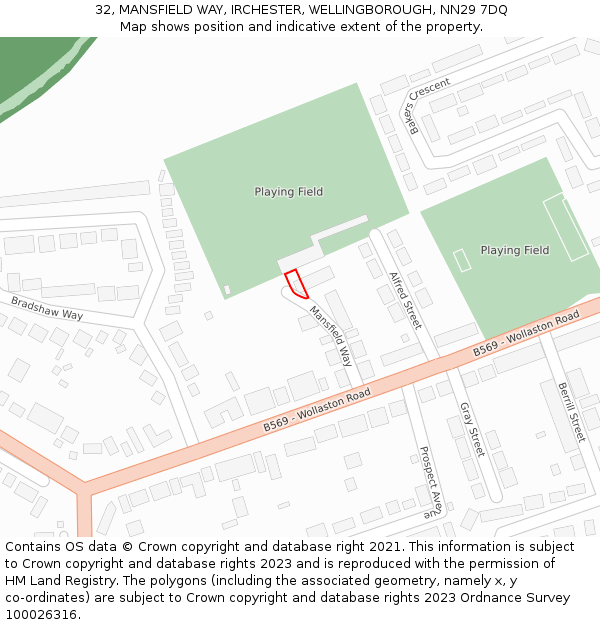 32, MANSFIELD WAY, IRCHESTER, WELLINGBOROUGH, NN29 7DQ: Location map and indicative extent of plot