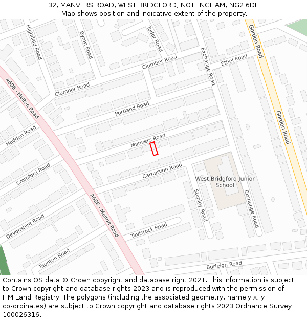 32, MANVERS ROAD, WEST BRIDGFORD, NOTTINGHAM, NG2 6DH: Location map and indicative extent of plot