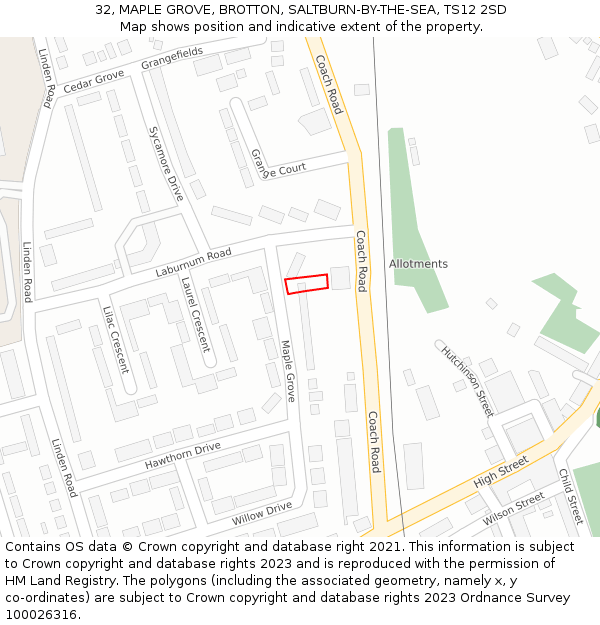 32, MAPLE GROVE, BROTTON, SALTBURN-BY-THE-SEA, TS12 2SD: Location map and indicative extent of plot