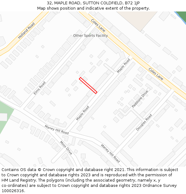 32, MAPLE ROAD, SUTTON COLDFIELD, B72 1JP: Location map and indicative extent of plot