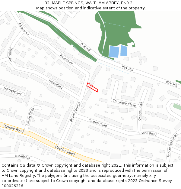 32, MAPLE SPRINGS, WALTHAM ABBEY, EN9 3LL: Location map and indicative extent of plot