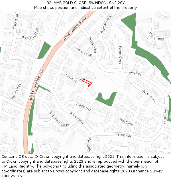 32, MARIGOLD CLOSE, SWINDON, SN2 2SY: Location map and indicative extent of plot