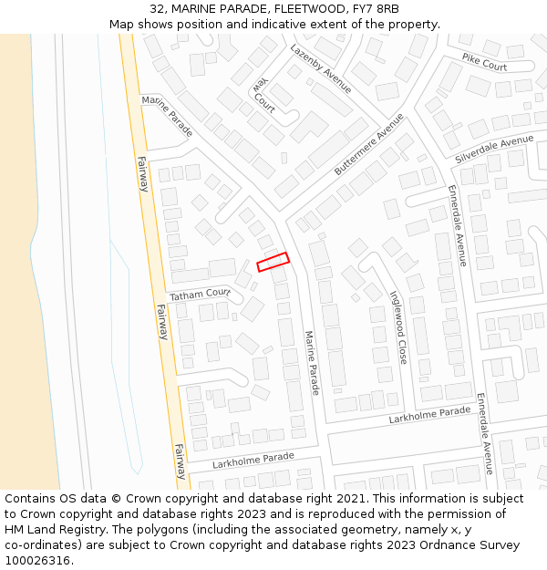 32, MARINE PARADE, FLEETWOOD, FY7 8RB: Location map and indicative extent of plot