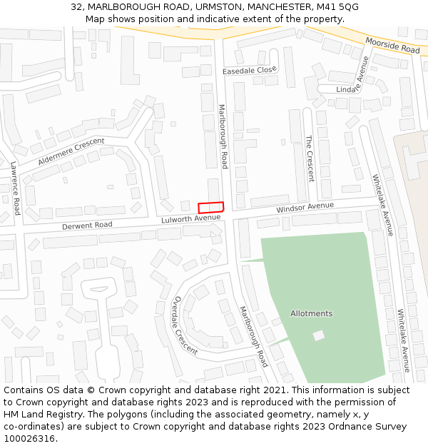 32, MARLBOROUGH ROAD, URMSTON, MANCHESTER, M41 5QG: Location map and indicative extent of plot