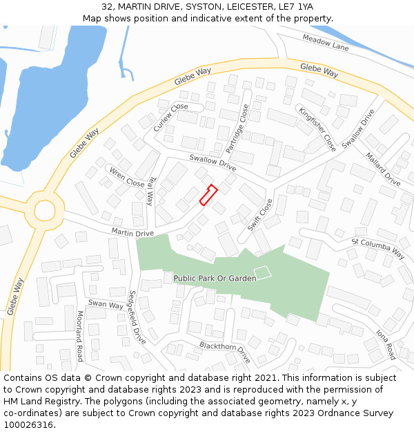 32, MARTIN DRIVE, SYSTON, LEICESTER, LE7 1YA: Location map and indicative extent of plot