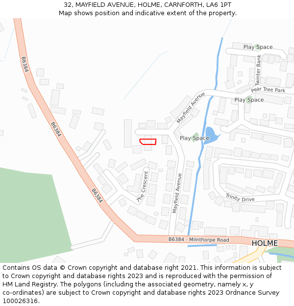 32, MAYFIELD AVENUE, HOLME, CARNFORTH, LA6 1PT: Location map and indicative extent of plot