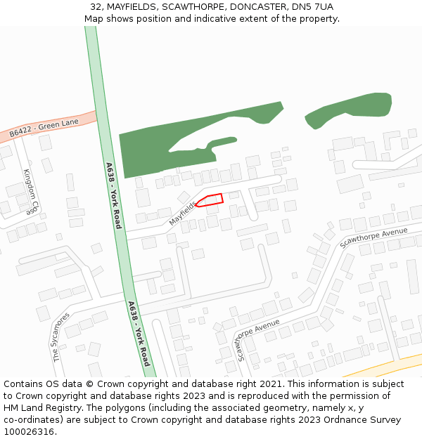 32, MAYFIELDS, SCAWTHORPE, DONCASTER, DN5 7UA: Location map and indicative extent of plot