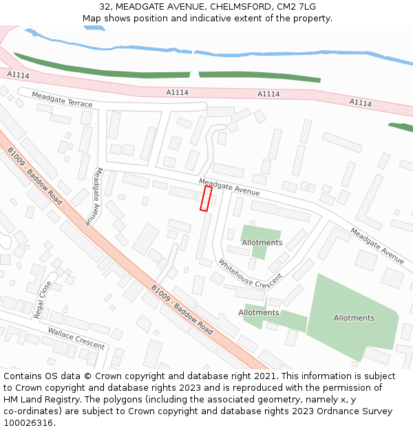 32, MEADGATE AVENUE, CHELMSFORD, CM2 7LG: Location map and indicative extent of plot