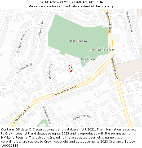 32, MEADOW CLOSE, CHATHAM, ME5 0UA: Location map and indicative extent of plot