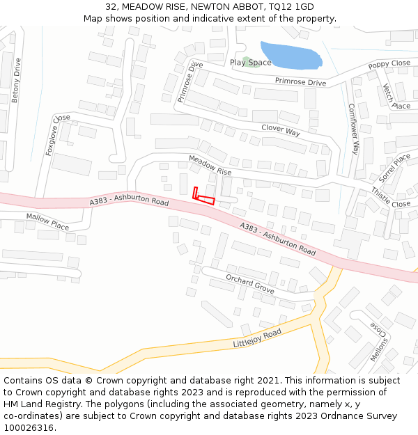32, MEADOW RISE, NEWTON ABBOT, TQ12 1GD: Location map and indicative extent of plot