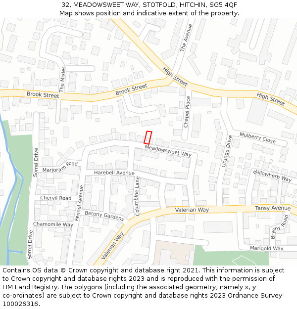 32, MEADOWSWEET WAY, STOTFOLD, HITCHIN, SG5 4QF: Location map and indicative extent of plot