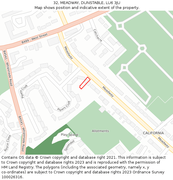 32, MEADWAY, DUNSTABLE, LU6 3JU: Location map and indicative extent of plot