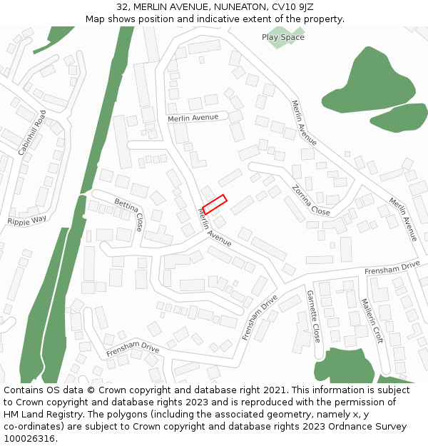 32, MERLIN AVENUE, NUNEATON, CV10 9JZ: Location map and indicative extent of plot