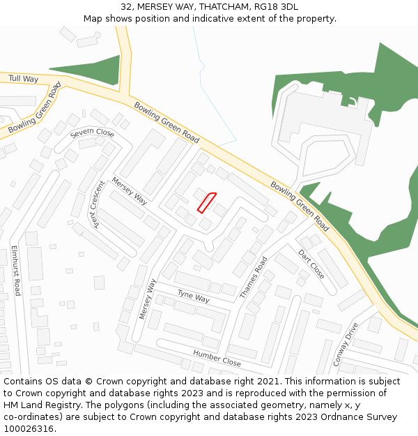 32, MERSEY WAY, THATCHAM, RG18 3DL: Location map and indicative extent of plot
