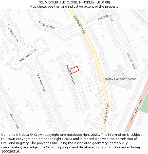 32, MIDDLEFIELD CLOSE, HINCKLEY, LE10 0RJ: Location map and indicative extent of plot