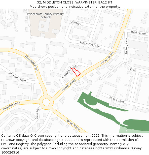 32, MIDDLETON CLOSE, WARMINSTER, BA12 8JT: Location map and indicative extent of plot