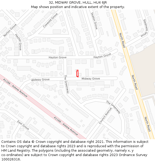 32, MIDWAY GROVE, HULL, HU4 6JR: Location map and indicative extent of plot