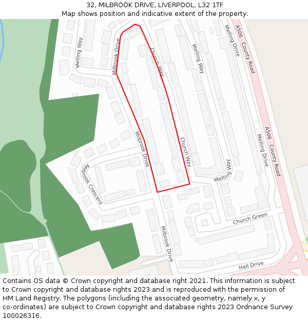 32, MILBROOK DRIVE, LIVERPOOL, L32 1TF: Location map and indicative extent of plot