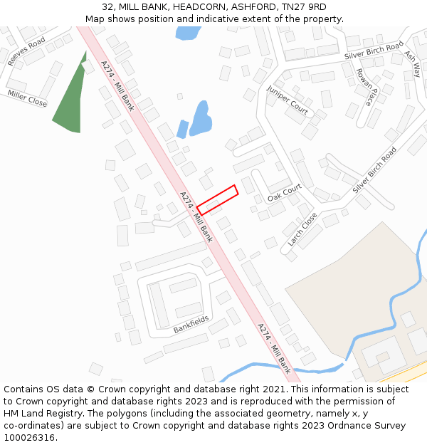 32, MILL BANK, HEADCORN, ASHFORD, TN27 9RD: Location map and indicative extent of plot