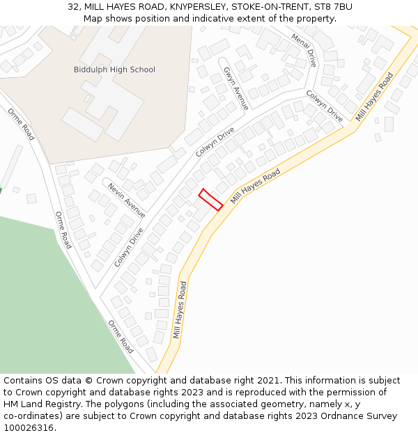 32, MILL HAYES ROAD, KNYPERSLEY, STOKE-ON-TRENT, ST8 7BU: Location map and indicative extent of plot