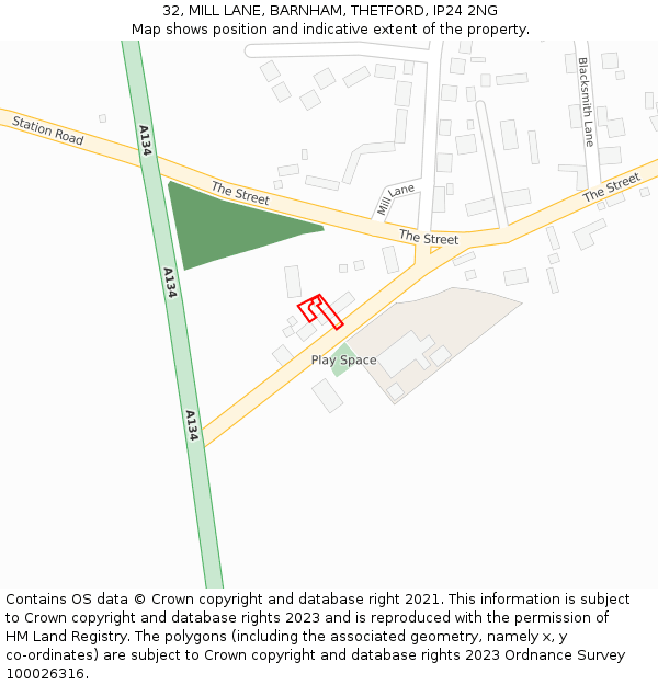 32, MILL LANE, BARNHAM, THETFORD, IP24 2NG: Location map and indicative extent of plot