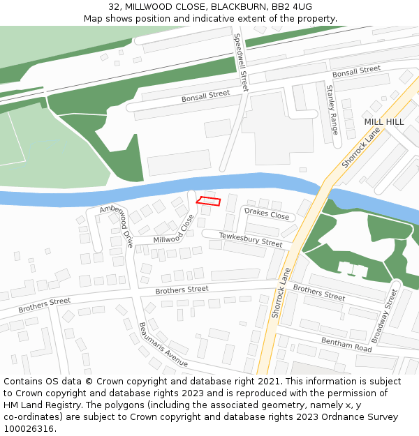 32, MILLWOOD CLOSE, BLACKBURN, BB2 4UG: Location map and indicative extent of plot