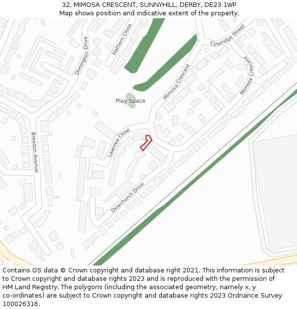32, MIMOSA CRESCENT, SUNNYHILL, DERBY, DE23 1WP: Location map and indicative extent of plot