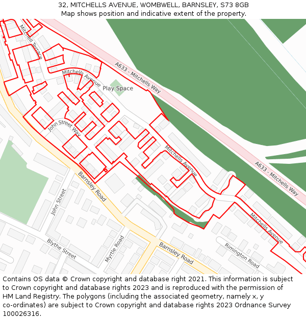 32, MITCHELLS AVENUE, WOMBWELL, BARNSLEY, S73 8GB: Location map and indicative extent of plot