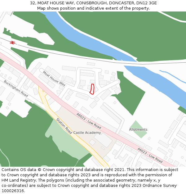 32, MOAT HOUSE WAY, CONISBROUGH, DONCASTER, DN12 3GE: Location map and indicative extent of plot