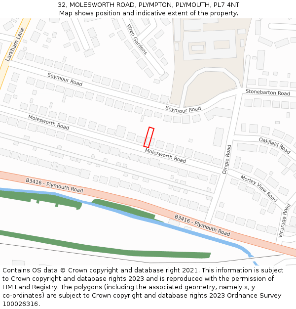 32, MOLESWORTH ROAD, PLYMPTON, PLYMOUTH, PL7 4NT: Location map and indicative extent of plot